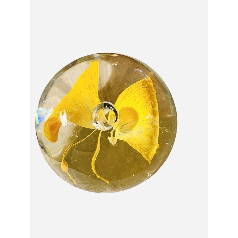 Paperweight Art Glass Flower Clear Yellow Orchid Hand Blown  Art Deco VTG 3”.